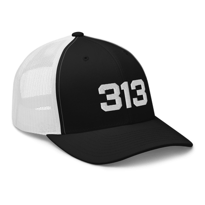 Detroit '313' Trucker Hat | White/Black Embroidery - Circumspice Michigan