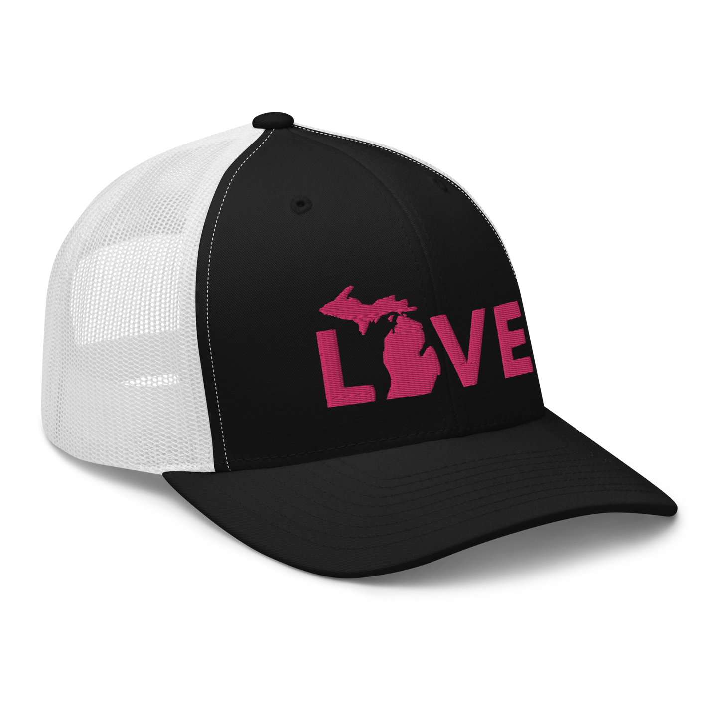 Michigan 'Love' Trucker Hat (Geometric Sans Font) | Pink Embrodiery