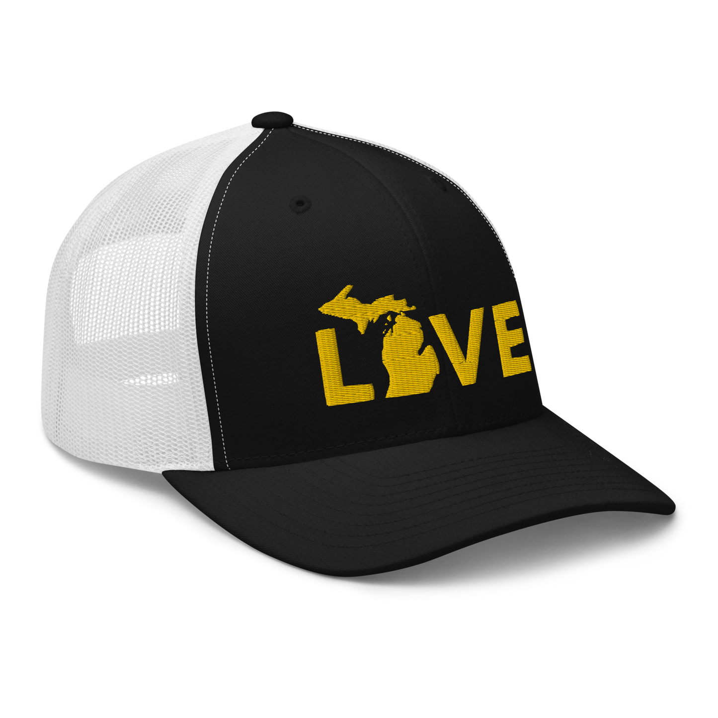 Michigan 'Love' Trucker Hat (Geometric Sans Font) | Gold Embroidery