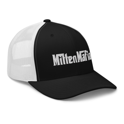 Michigan 'MittenMafia' Trucker Hat (Gangster Font) White/Black Embroidery