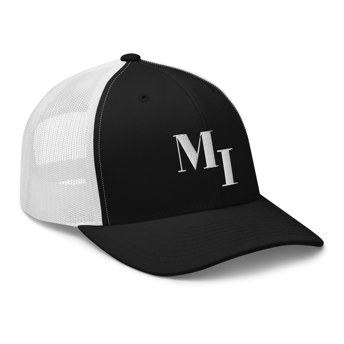 Michigan 'MI' Trucker Hat (Didone Logotype) | White/Navy Embroidery