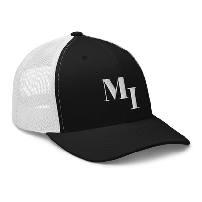 Michigan 'MI' Trucker Hat (Didone Logotype) | White/Navy Embroidery