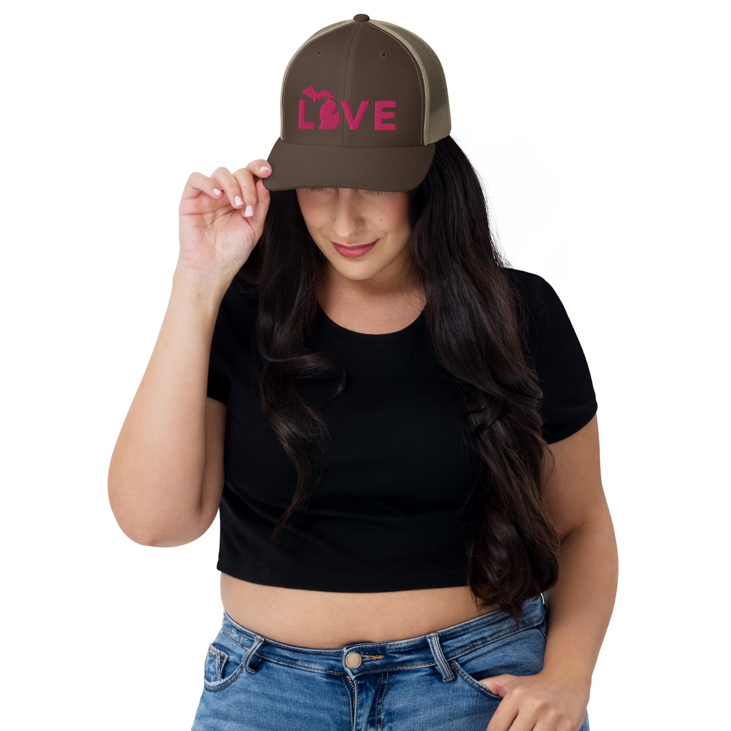 Michigan 'Love' Trucker Hat (Geometric Sans Font) | Pink Embrodiery