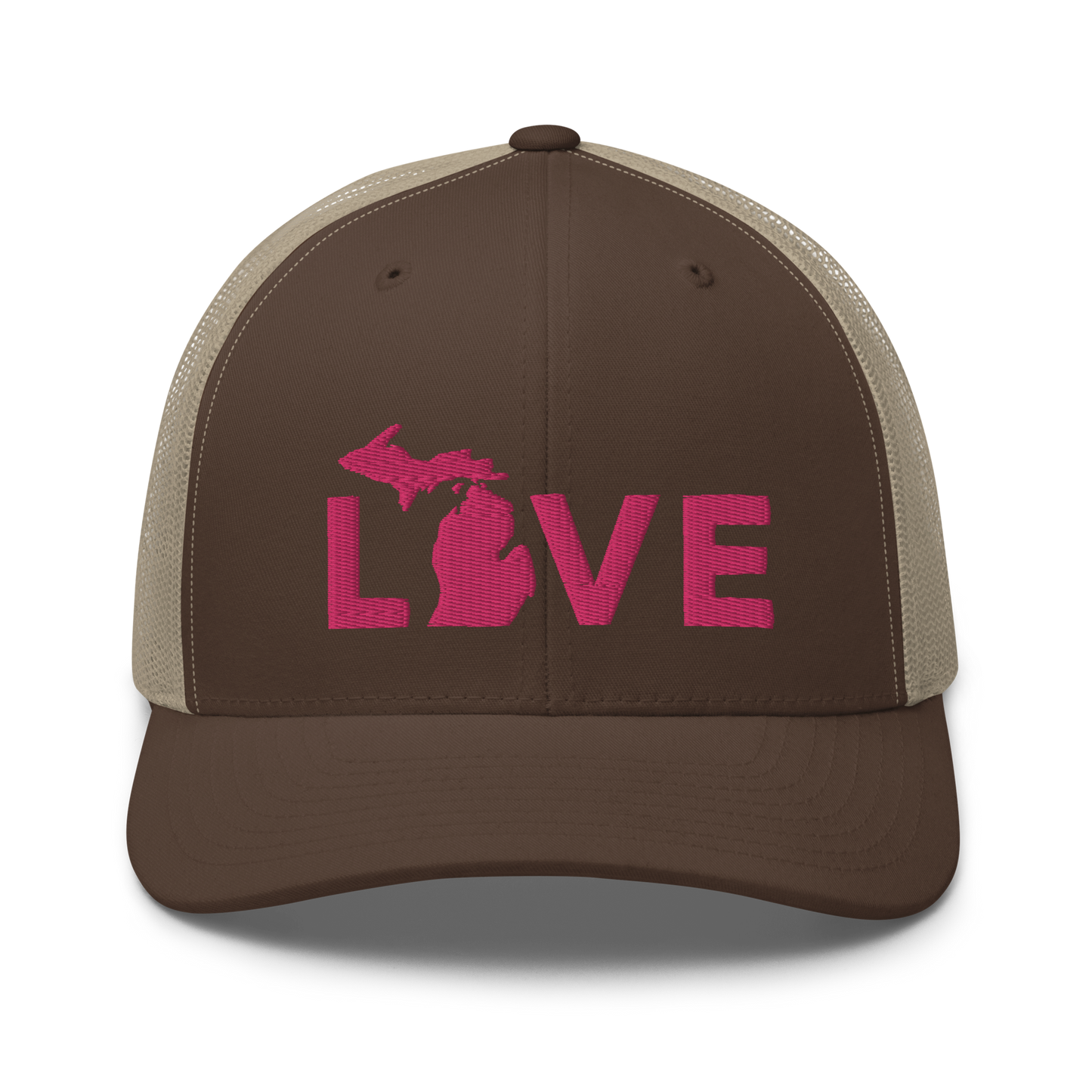 Michigan 'Love' Trucker Hat (Geometric Sans Font) | Pink Embrodiery