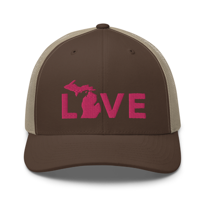 Michigan 'Love' Trucker Hat (Geometric Sans Font) | Pink Embrodiery