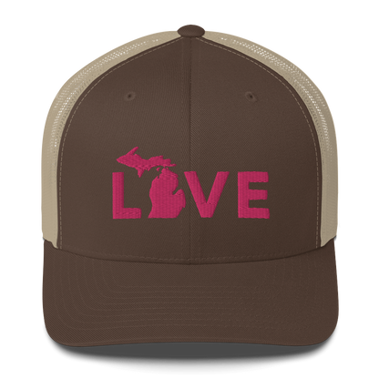 Michigan 'Love' Trucker Hat (Geometric Sans Font) | Pink Embrodiery