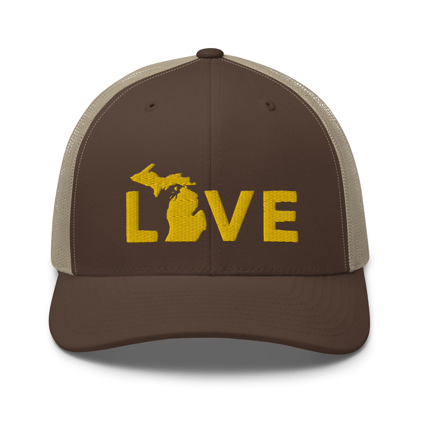 Michigan 'Love' Trucker Hat (Geometric Sans Font) | Gold Embroidery