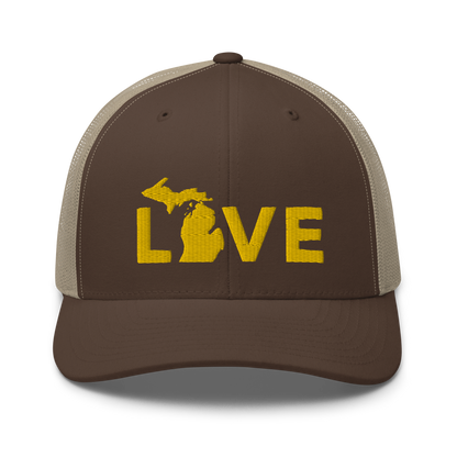 Michigan 'Love' Trucker Hat (Geometric Sans Font) | Gold Embroidery