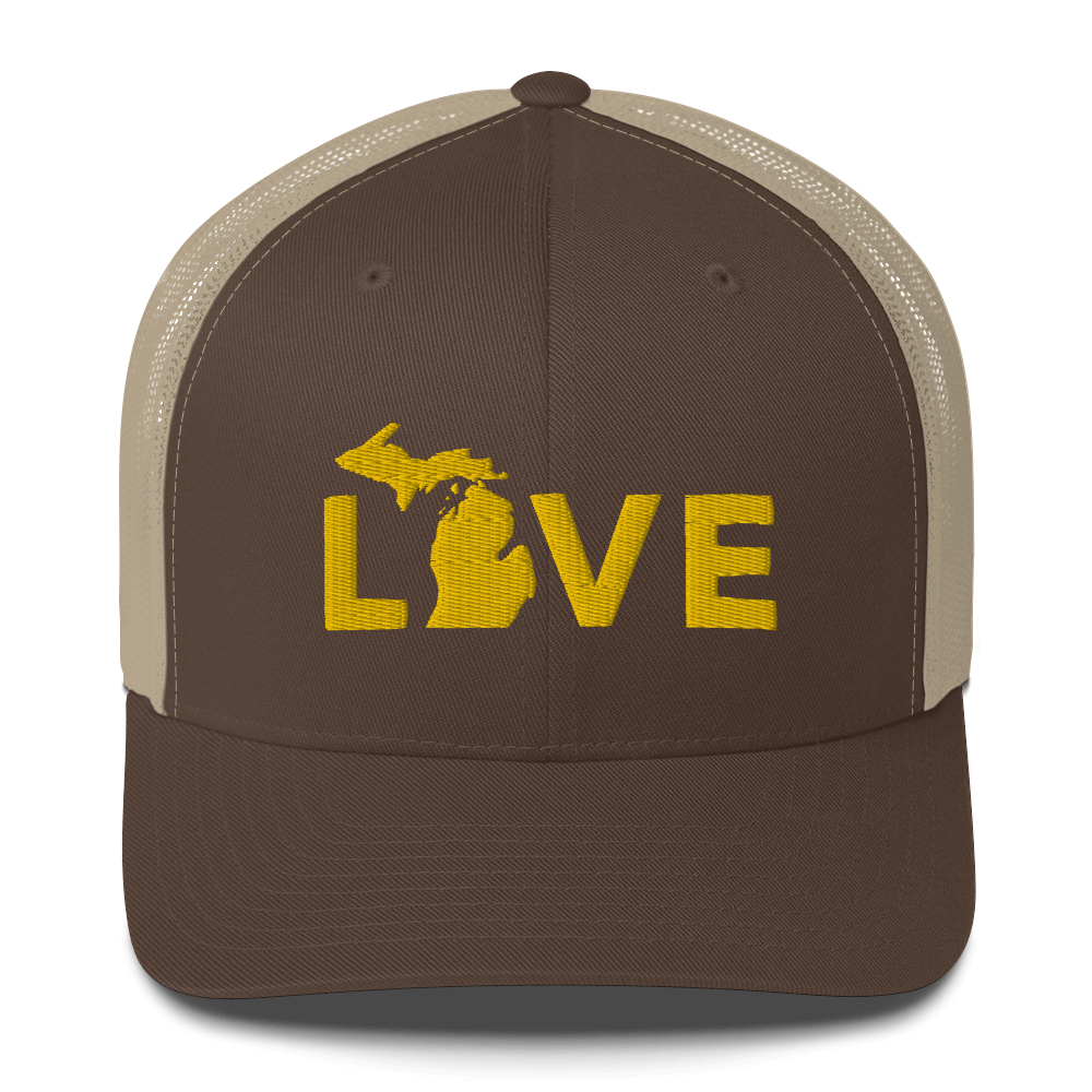 Michigan 'Love' Trucker Hat (Geometric Sans Font) | Gold Embroidery