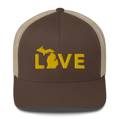 Michigan 'Love' Trucker Hat (Geometric Sans Font) | Gold Embroidery