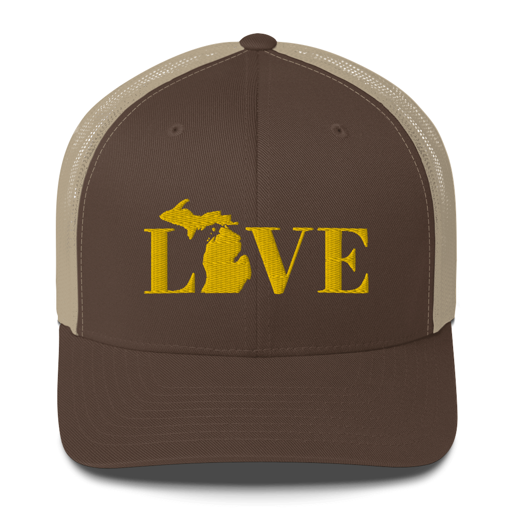 Michigan 'Love' Trucker Hat (Didone Font) | Gold Embroidery