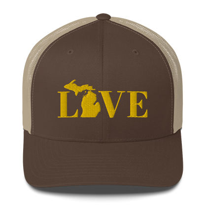 Michigan 'Love' Trucker Hat (Didone Font) | Gold Embroidery