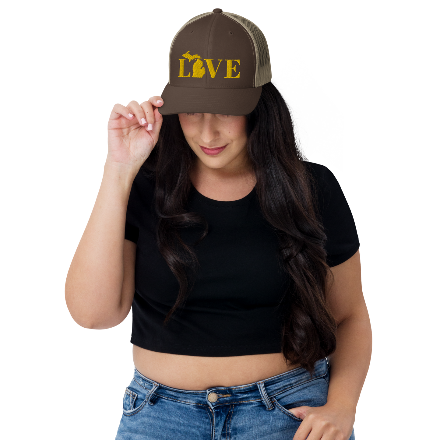 Michigan 'Love' Trucker Hat (Didone Font) | Gold Embroidery