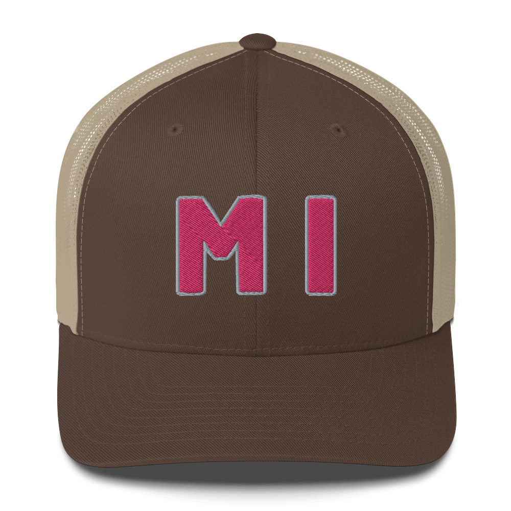 Michigan 'MI' Trucker Hat (1940s Baseball Font) | Pink Embroidery