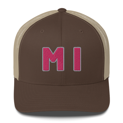 Michigan 'MI' Trucker Hat (1940s Baseball Font) | Pink Embroidery