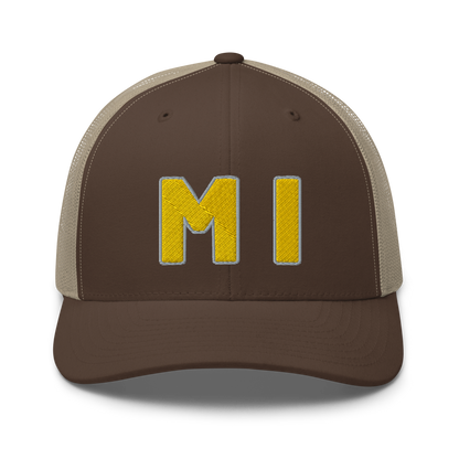 Michigan 'MI' Trucker Hat (1940s Baseball Font) | Gold Embroidery