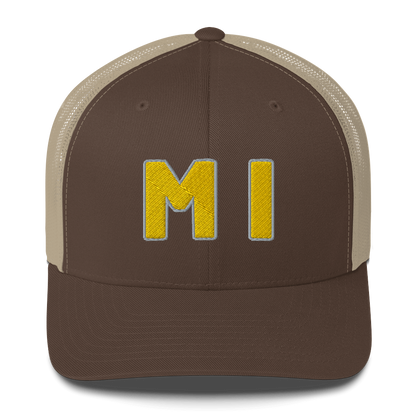 Michigan 'MI' Trucker Hat (1940s Baseball Font) | Gold Embroidery