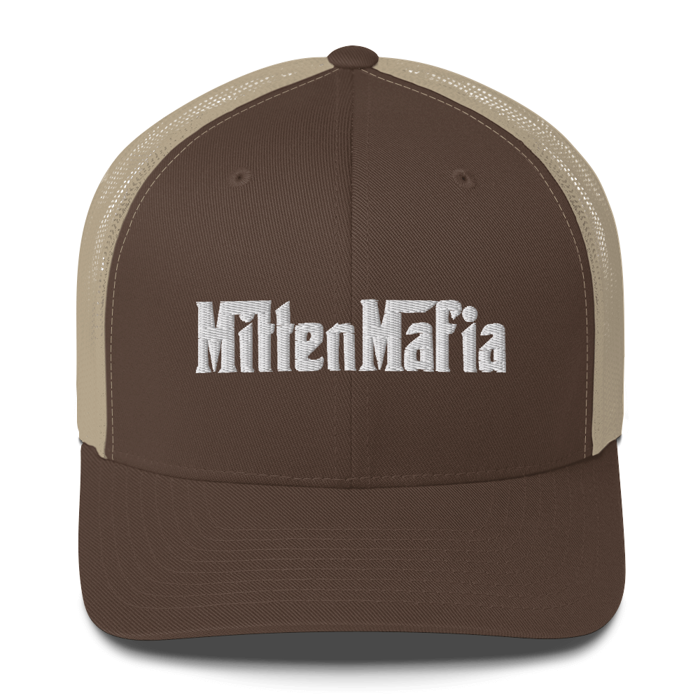 Michigan 'MittenMafia' Trucker Hat (Gangster Font) White/Black Embroidery