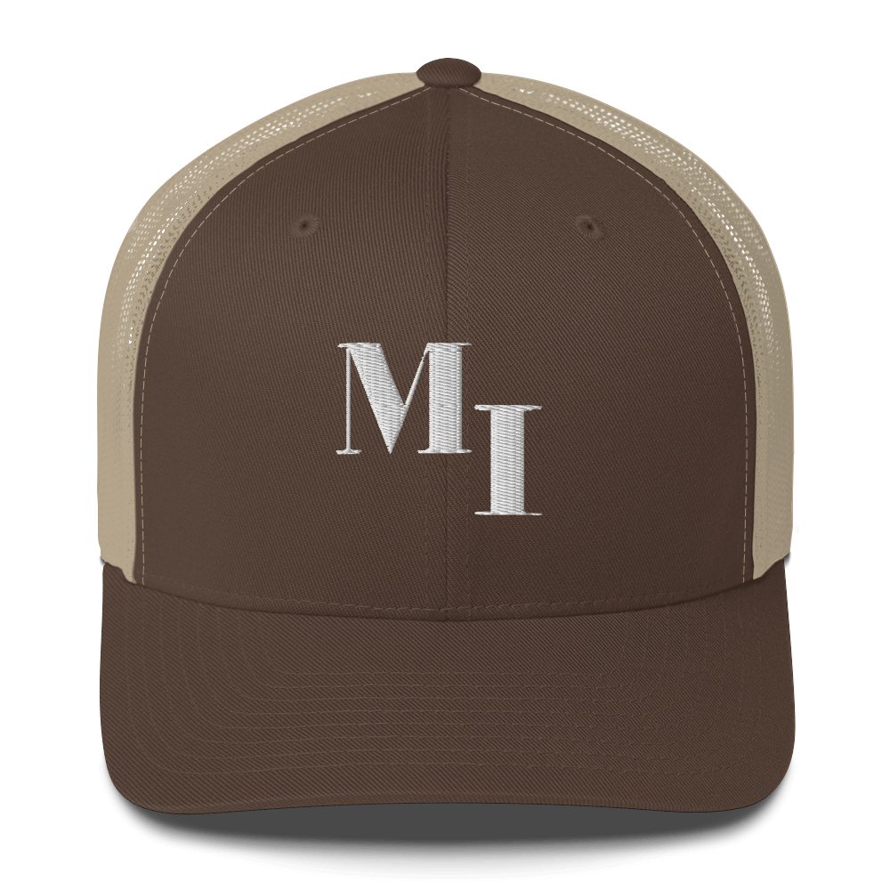 Michigan 'MI' Trucker Hat (Didone Logotype) | White/Navy Embroidery