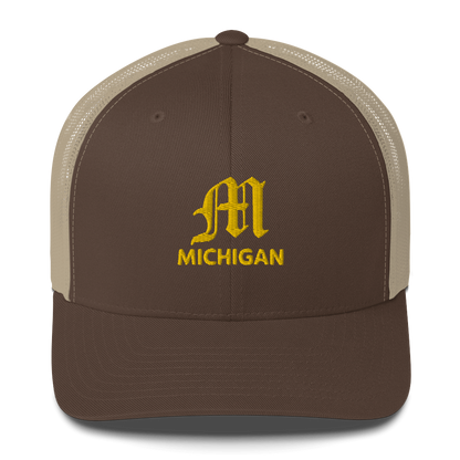 'Michigan' Trucker Hat (w/ 'Old English M') | Gold Embroidery