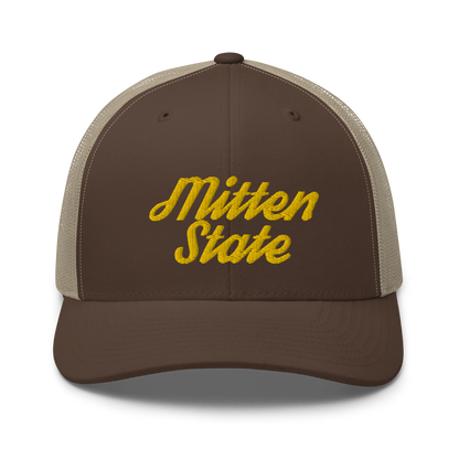 Michigan 'Mitten State' Trucker Hat (Script Font) | Gold Embroidery