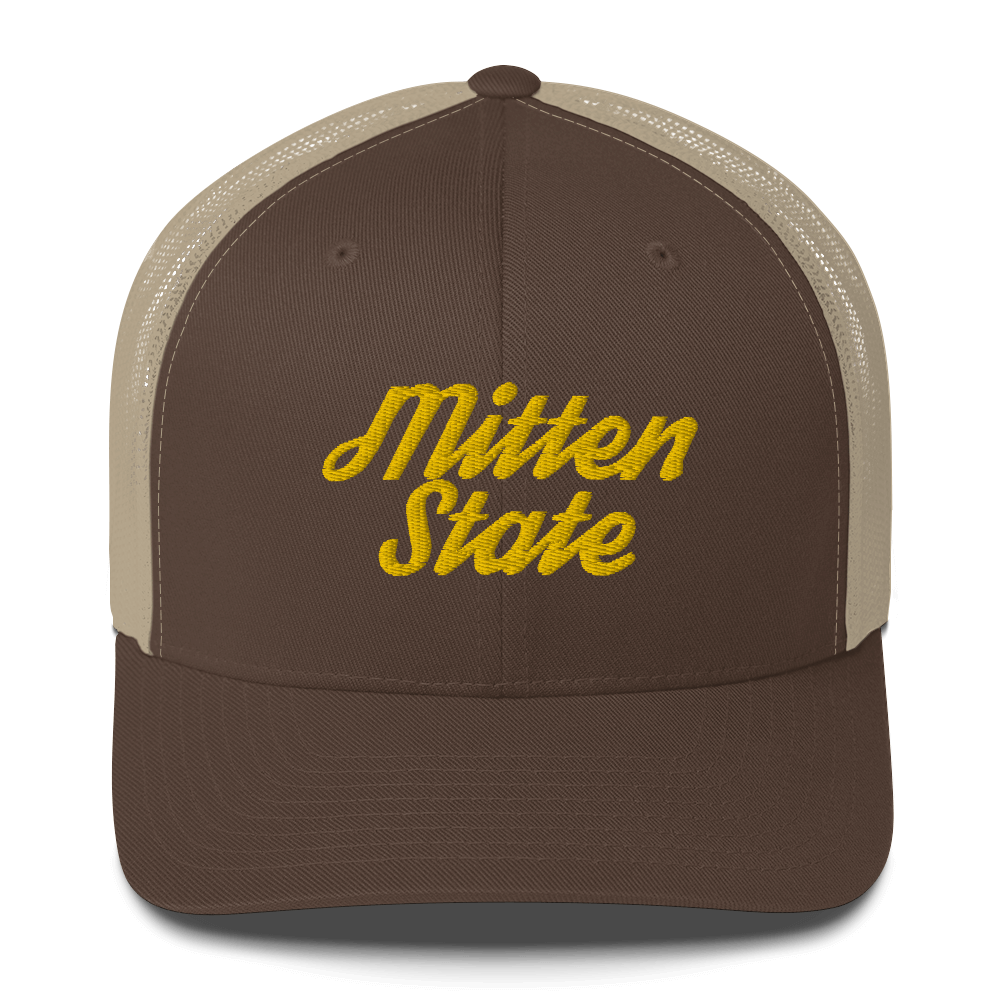 Michigan 'Mitten State' Trucker Hat (Script Font) | Gold Embroidery