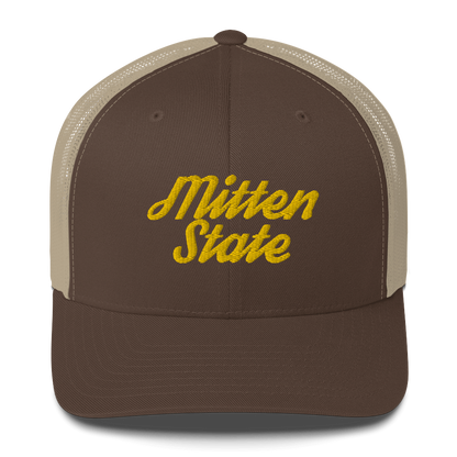 Michigan 'Mitten State' Trucker Hat (Script Font) | Gold Embroidery