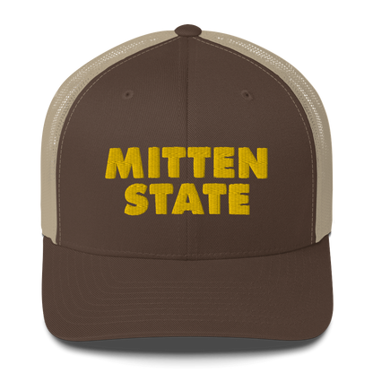 Michigan 'Mitten State' Trucker Hat (Geometric Sans Font) | Gold Embroidery