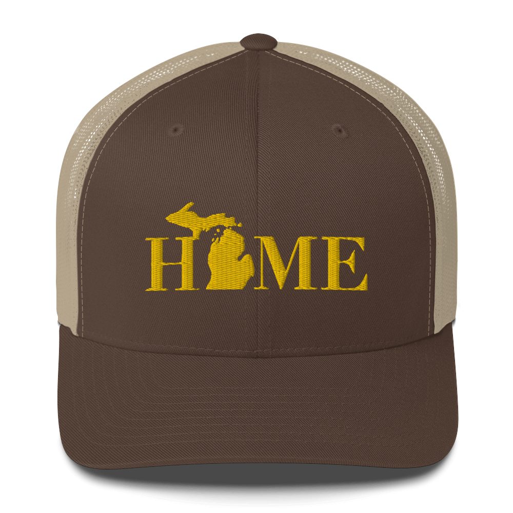 Michigan 'Home' Trucker Hat (Didone Font) | Gold Embroidery