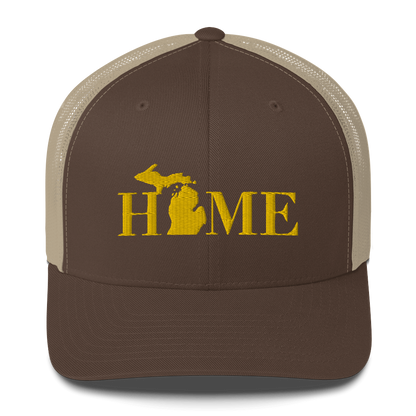 Michigan 'Home' Trucker Hat (Didone Font) | Gold Embroidery