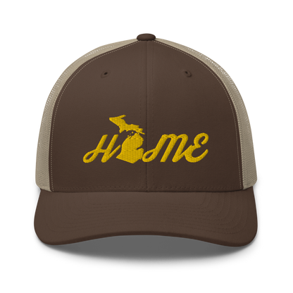 Michigan 'Home' Trucker Hat (Script Font) | Gold Embroidery