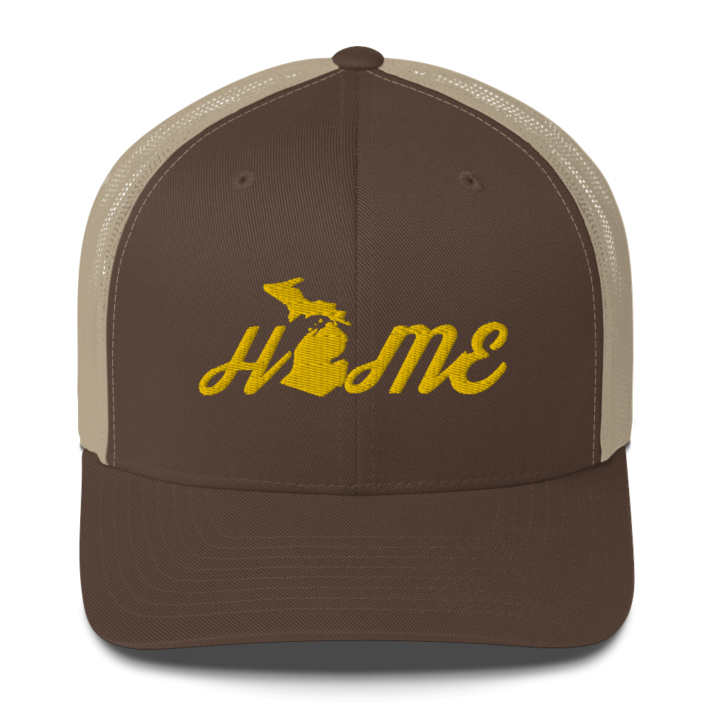 Michigan 'Home' Trucker Hat (Script Font) | Gold Embroidery