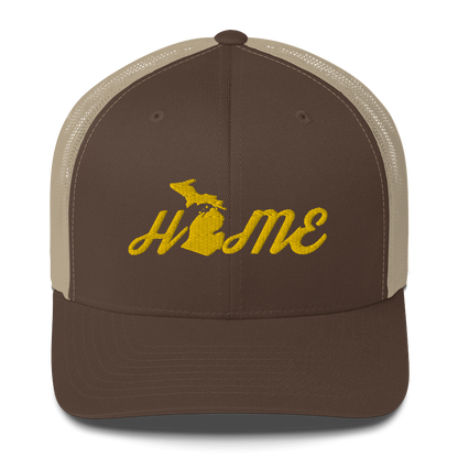 Michigan 'Home' Trucker Hat (Script Font) | Gold Embroidery