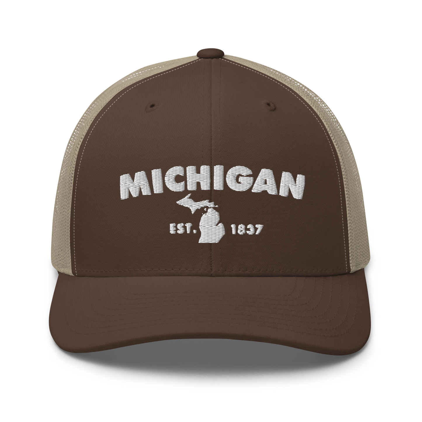 'Michigan EST 1837' Trucker Hat (Geometric Sans Font)