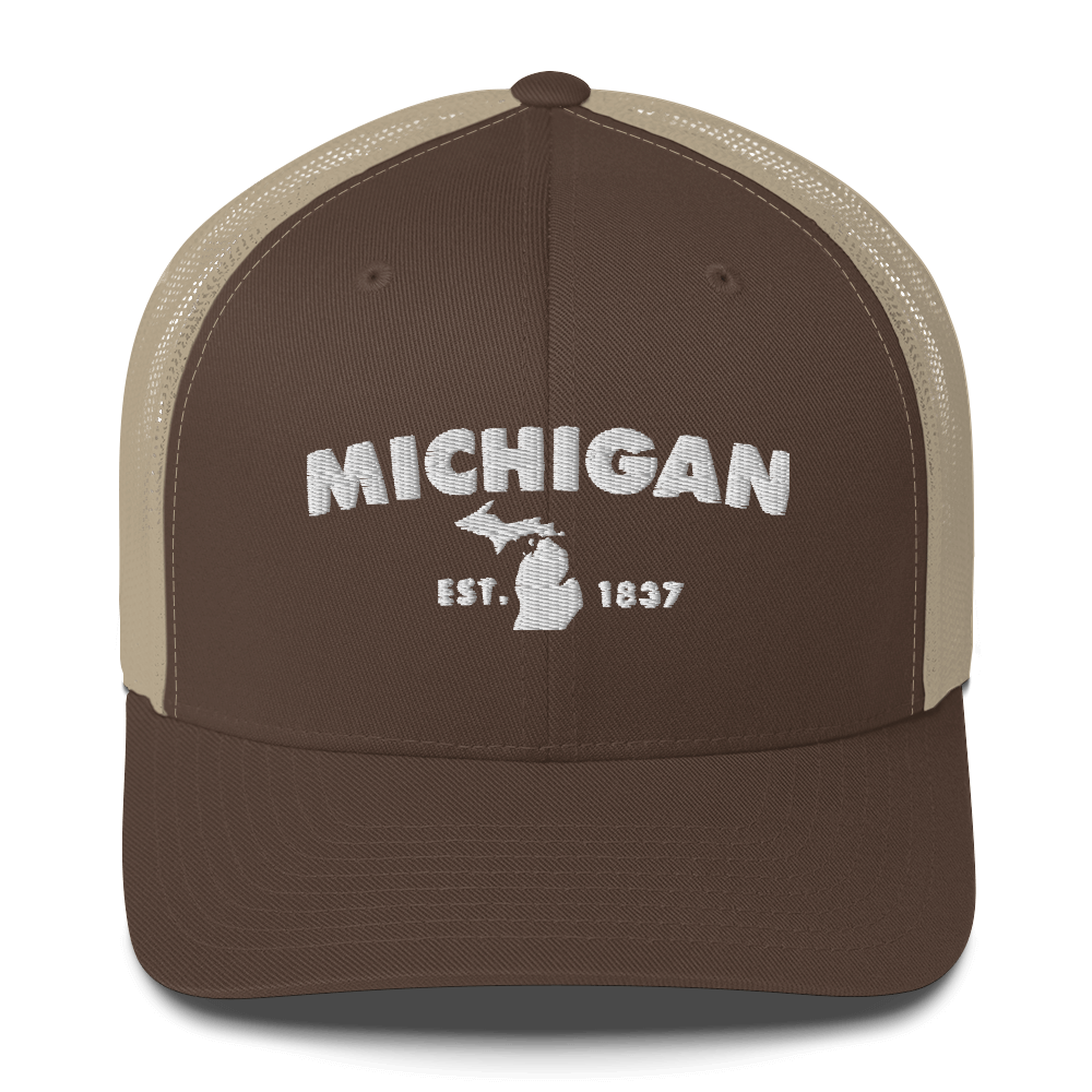 'Michigan EST 1837' Trucker Hat (Geometric Sans Font)