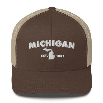 'Michigan EST 1837' Trucker Hat (Geometric Sans Font)