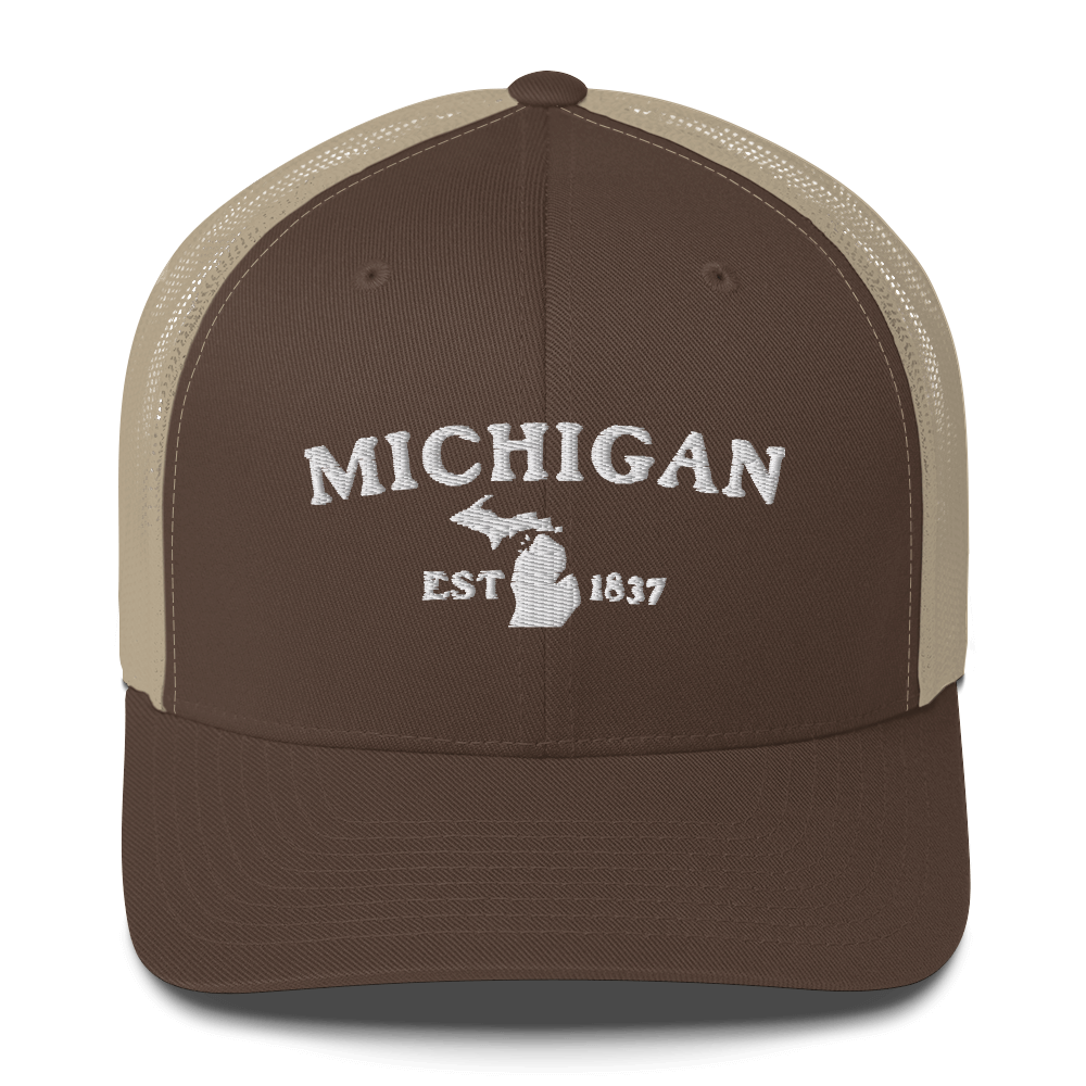 'Michigan EST 1837' Trucker Hat (Woodcut Font)