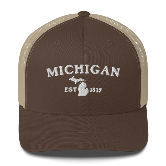 'Michigan EST 1837' Trucker Hat (Woodcut Font)