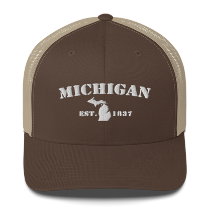 'Michigan EST 1837' Trucker Hat (Army Font)