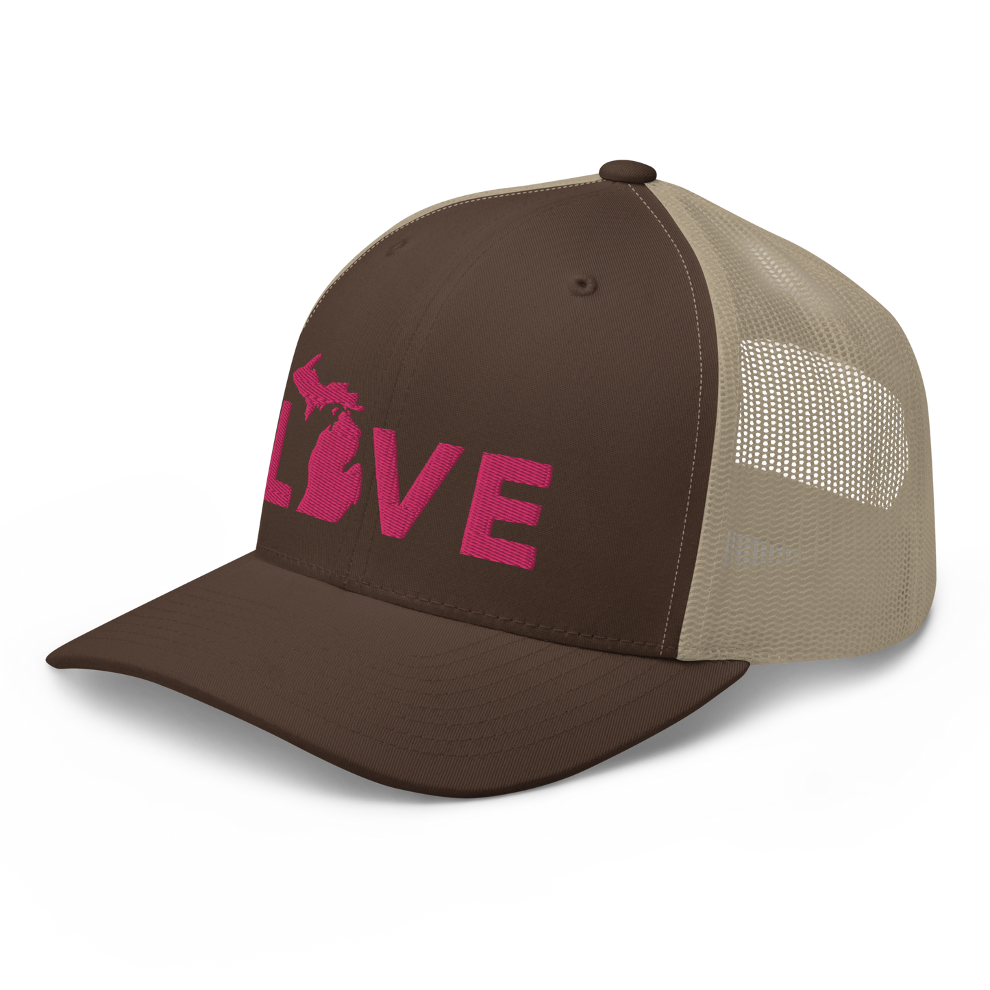 Michigan 'Love' Trucker Hat (Geometric Sans Font) | Pink Embrodiery