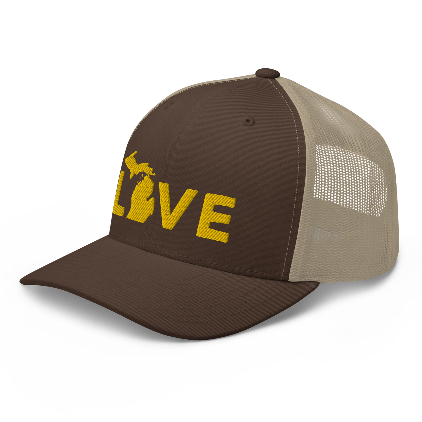 Michigan 'Love' Trucker Hat (Geometric Sans Font) | Gold Embroidery