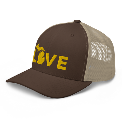 Michigan 'Love' Trucker Hat (Geometric Sans Font) | Gold Embroidery