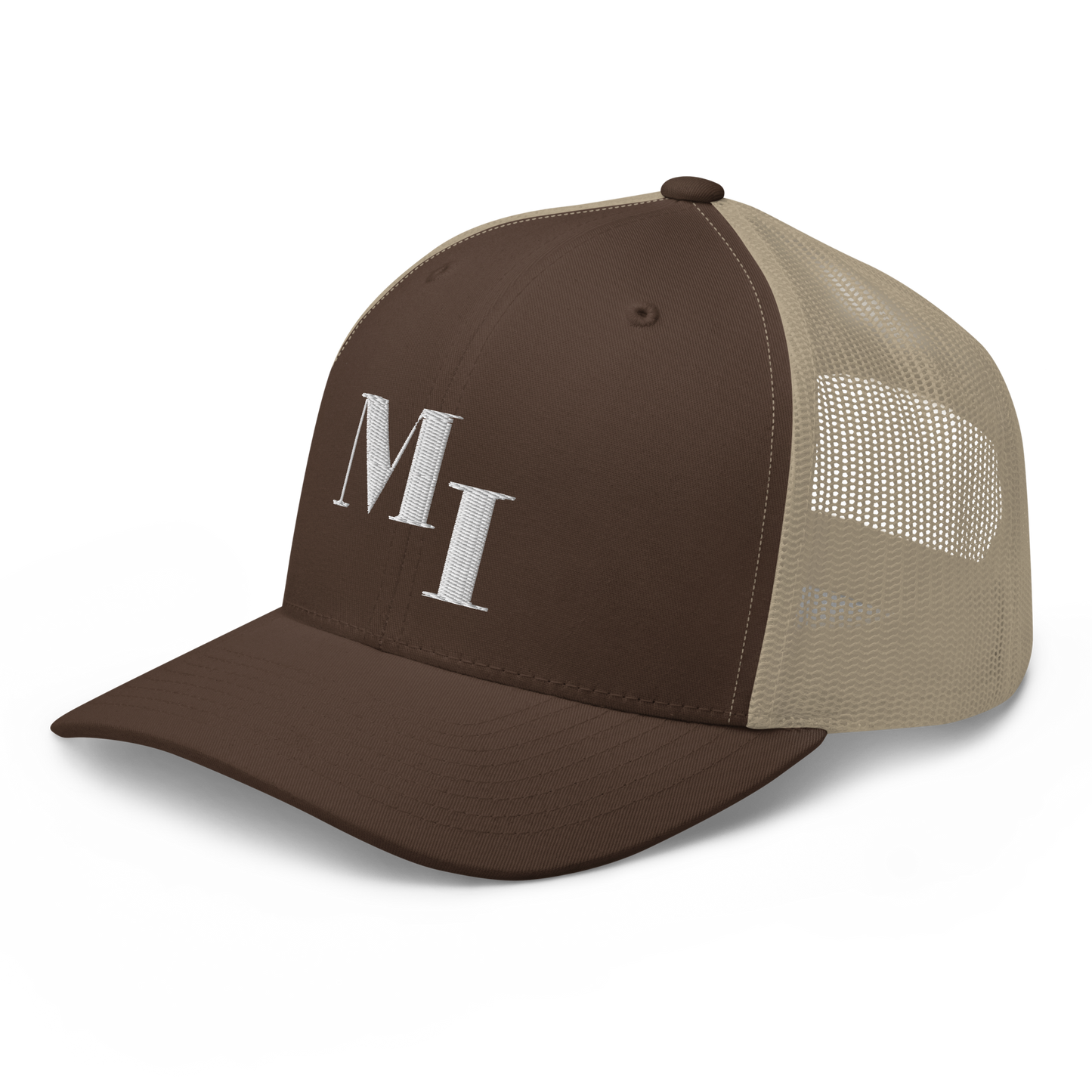 Michigan 'MI' Trucker Hat (Didone Logotype) | White/Navy Embroidery