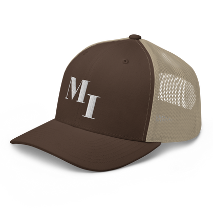 Michigan 'MI' Trucker Hat (Didone Logotype) | White/Navy Embroidery