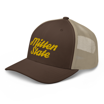 Michigan 'Mitten State' Trucker Hat (Script Font) | Gold Embroidery