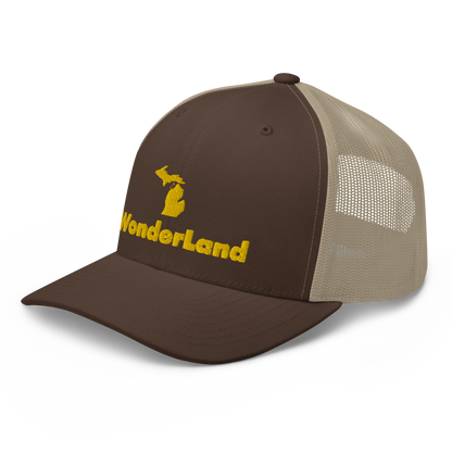 Michigan 'Wonderland' Trucker Hat (Geometric Sans Font) | Gold Embroidery