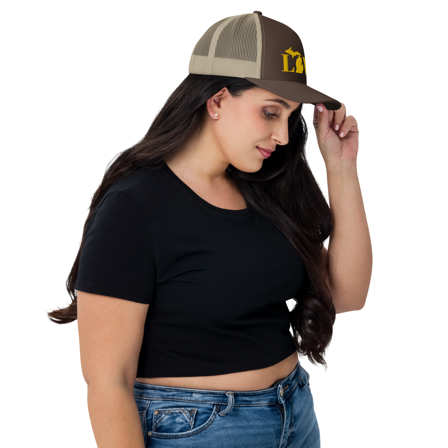 Michigan 'Love' Trucker Hat (Didone Font) | Gold Embroidery