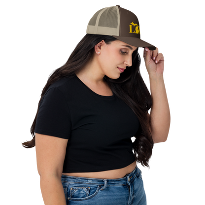 Michigan 'Love' Trucker Hat (Didone Font) | Gold Embroidery