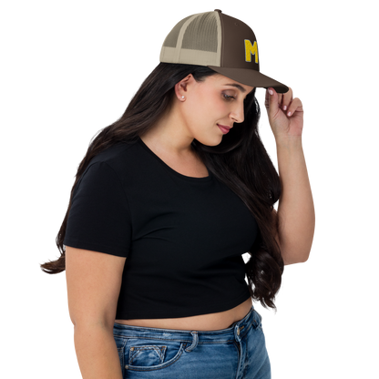 Michigan 'MI' Trucker Hat (1940s Baseball Font) | Gold Embroidery