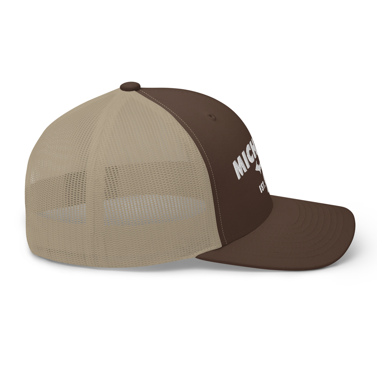 'Michigan EST 1837' Trucker Hat (Geometric Sans Font)